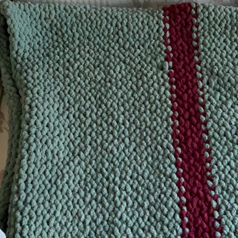 Loom knit burgundy, green striped handmade blanket 60 x 40 - Picture 2 of 4